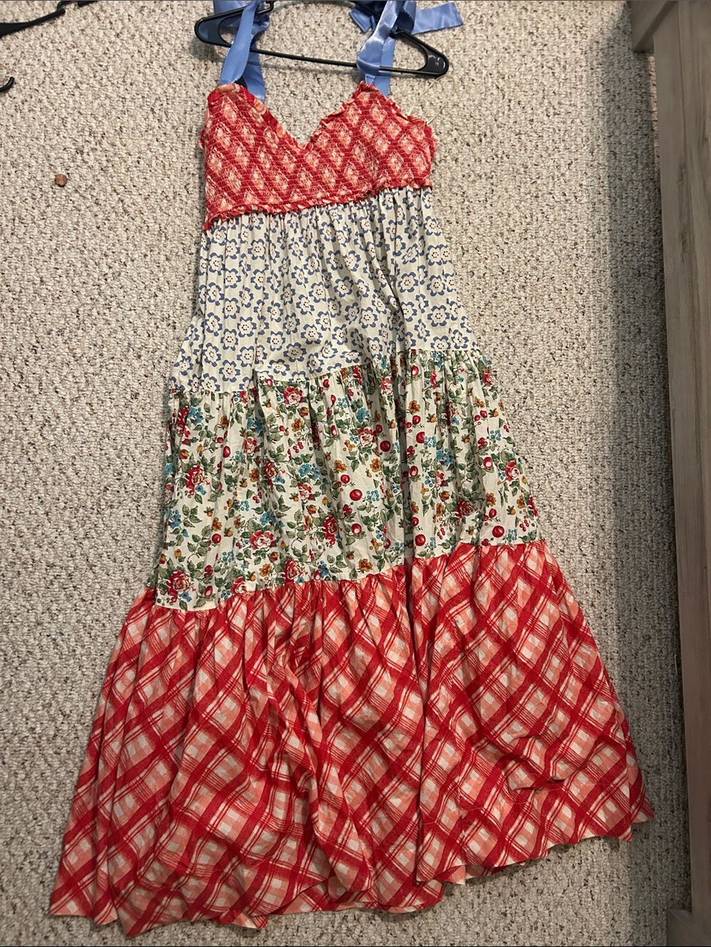 Free People Red, Blue, Cream Floral Patchwork Maxi Dress